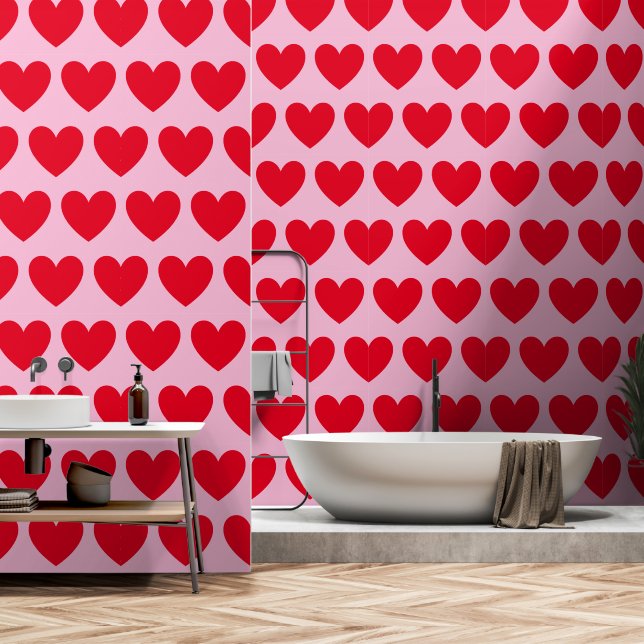 Customisable Hearts Pattern, Red on Pastel Pink  Wallpaper (Bathroom)