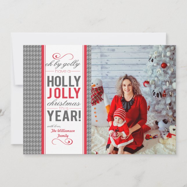 Customisable Herringbone Holly Jolly Christmas Holiday Card (Front)