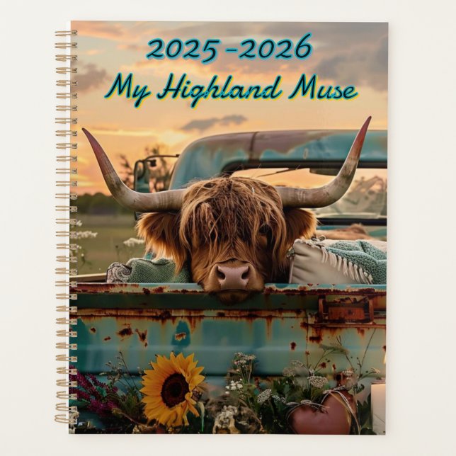 Customisable Highland Rustic Highland Cow Calendar Planner (Front)