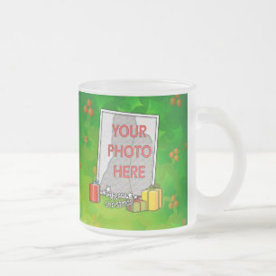 Customisable Holly and Boxes Christmas Photo Frosted Glass Coffee Mug