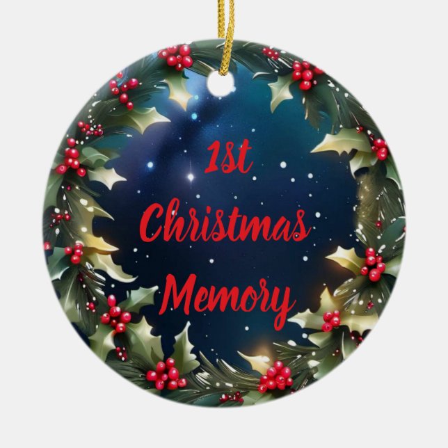 Customisable Holly Berry Wreath Keepsake Memory Ceramic Tree Decoration (Front)