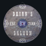 Customisable Home Bar Beer Saloon Dartboard<br><div class="desc">Create your own country western style (rustic American wild west) home bar dart board using this easy, diy template. Made to look like old wood with plenty of vintage flourishes in shades of white, grey and blue, this dart board can be personalised with your own name, initials / monogram and...</div>