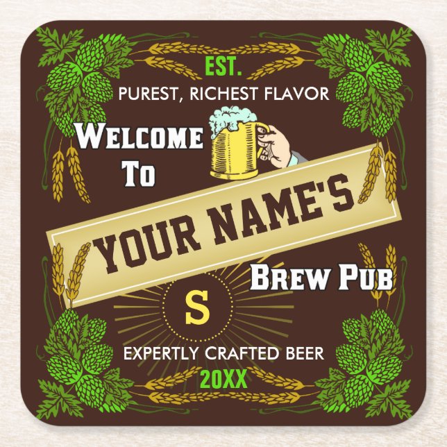 Customisable Home Bar Brewpub Beer Brewery Square Paper Coaster (Front)