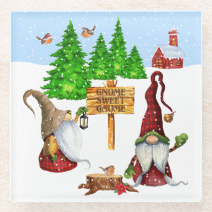 Customisable Home Sweet Home Gnome Winter Scene Glass Coaster