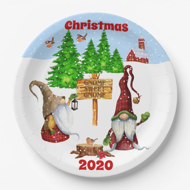 Customisable Home Sweet Home Gnome Winter Scene Paper Plate (Front)