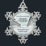 Customisable Honeymoon Cruise Ship Snowflake Pewter Christmas Ornament<br><div class="desc">Personalised keepsake souvenir cruise vacation Christmas tree ornament- This destination wedding cruise honeymoon vacation ornament is completely personalised with the cruise name, ship itinerary details, including the cruise ship name and sailing date. Reads Bride and Groom with personalised names also. Against a coloured pencil drawing of two cruise ships in...</div>
