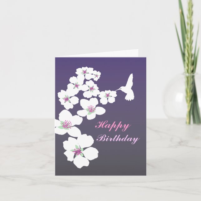 Customisable: Hummingbird and blossom on purple Card (Front)