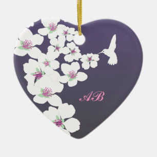 Customisable: Hummingbird and blossom on purple Ceramic Tree Decoration