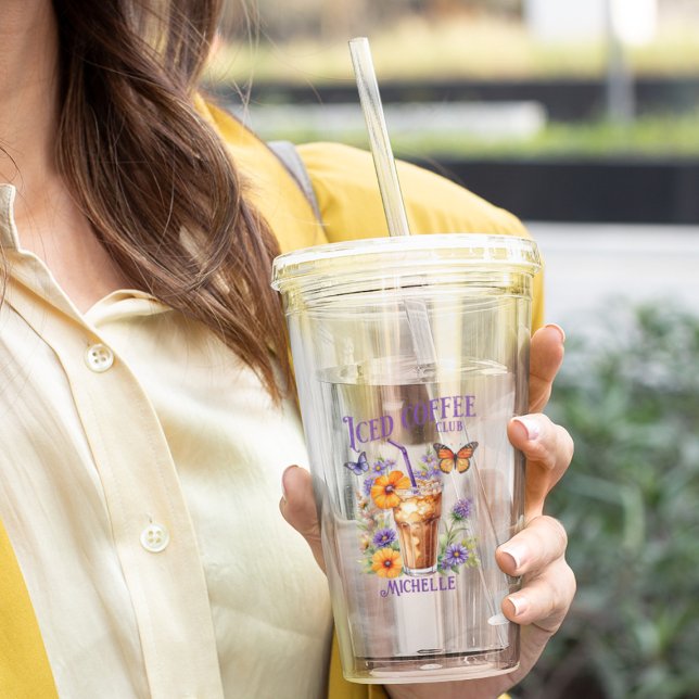 Customisable Iced Coffee Club Vintage Butterfly  Acrylic Tumbler (Creator Uploaded)