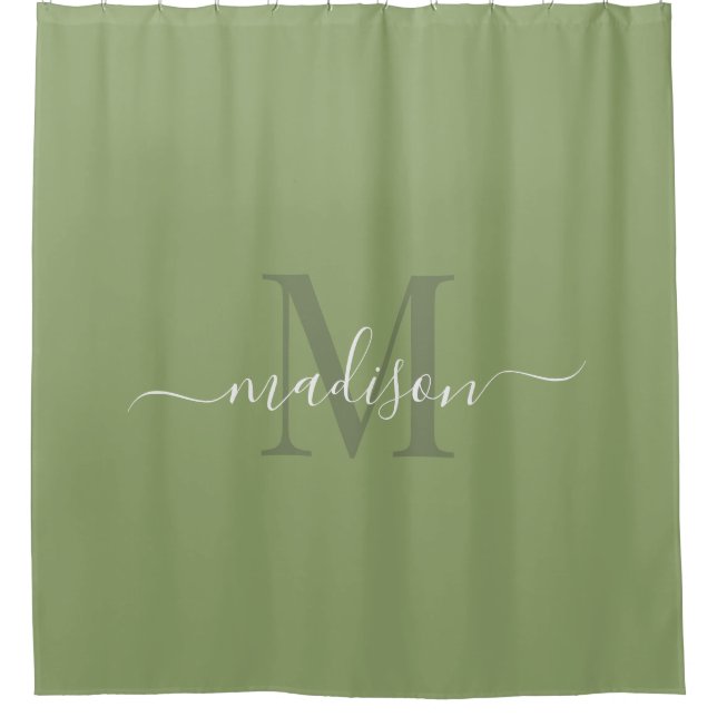 Customisable Initial & Name Deep Sage Green Shower Curtain (Front)