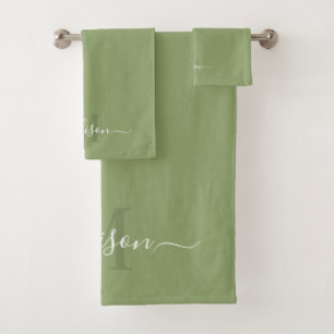 Customisable Initial & Name with Light Sage Green Bath Towel Set