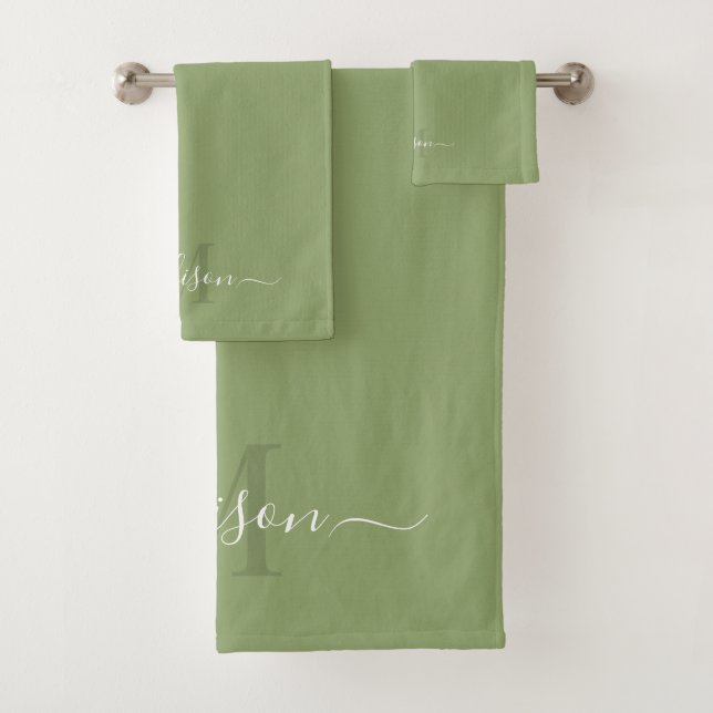 Customisable Initial & Name with Light Sage Green Bath Towel Set (Insitu)