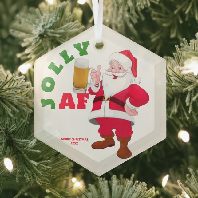 Customisable Jolly AF Funny Beer Santa Christmas Glass Tree Decoration (Insitu)