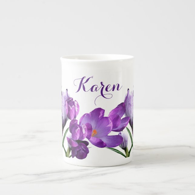 Customisable Karen name purple crocus floral fun Bone China Mug (Front)