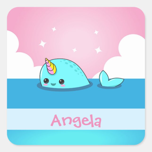 Customisable Kawaii Narwhal Name Tag Sticker (Front)