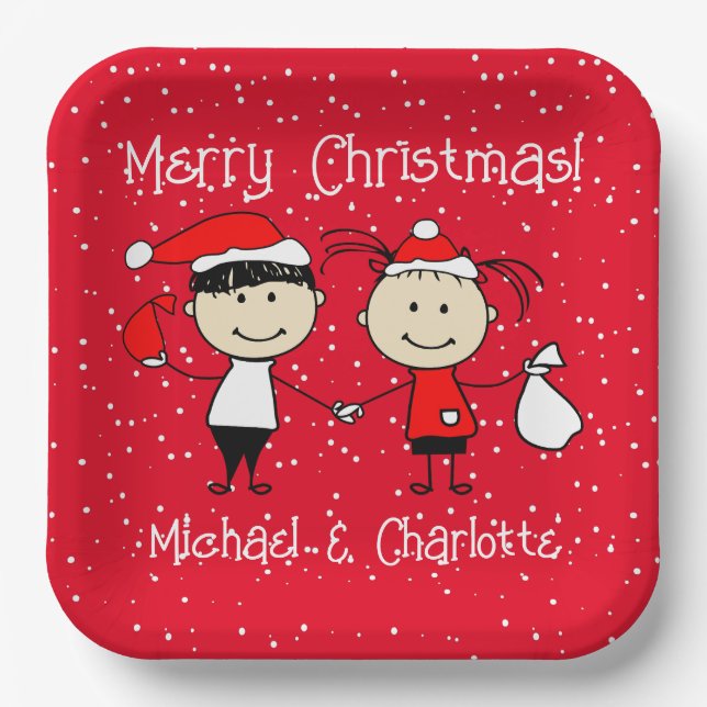 Customisable Kids and Adult Couples Christmas Paper Plate (Front)