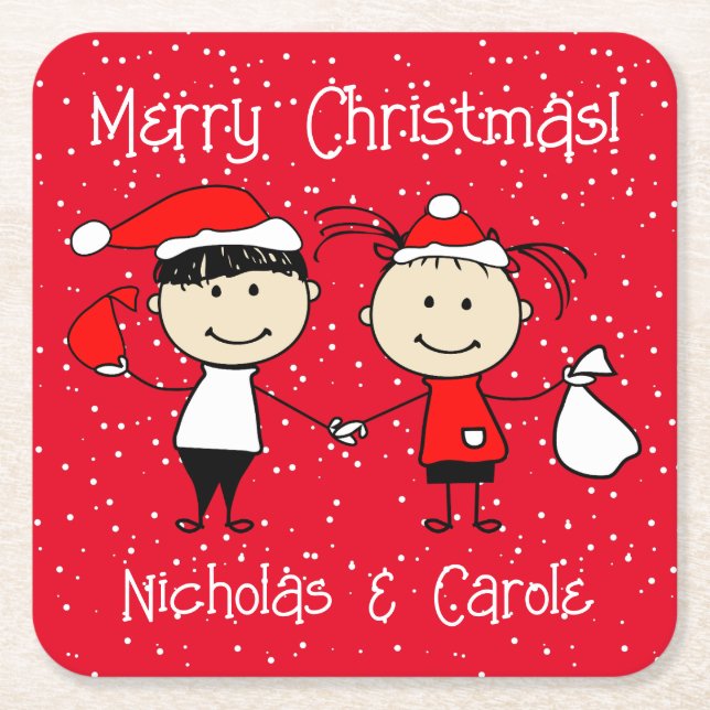 Customisable Kids and Adult Couples Christmas Square Paper Coaster (Front)