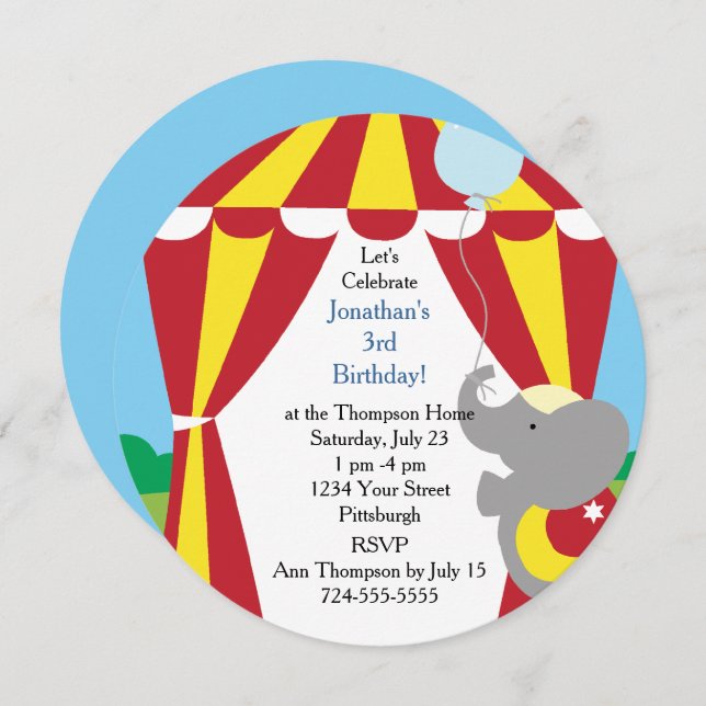 Customisable Kids Circus Birthday Party Invitation (Front/Back)