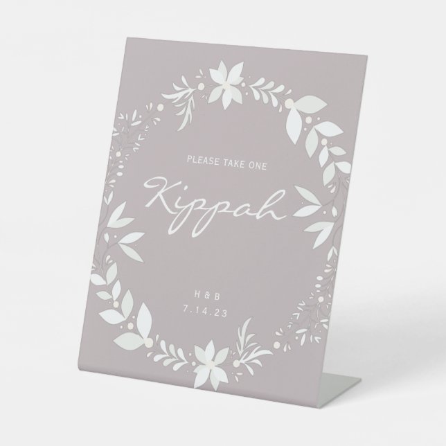 Customisable Kippah Wedding Sign, White & Purple P Pedestal Sign (Front)