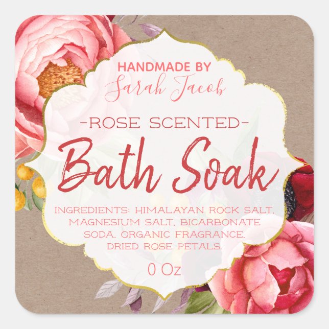 Customisable Kraft Floral Bath Soak Label (Front)