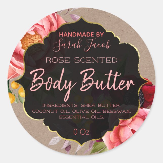Customisable Kraft Floral Body Butter Label (Front)