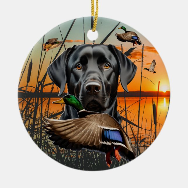 Customisable Labrador Ornament, Flying Duck Ceramic Tree Decoration (Front)