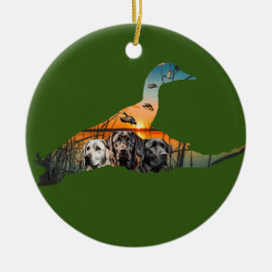 Customisable Labrador Ornament, Flying Duck Ceramic Tree Decoration