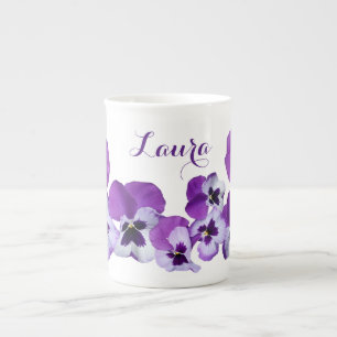 Customisable Laura name pretty purple pansy floral Bone China Mug