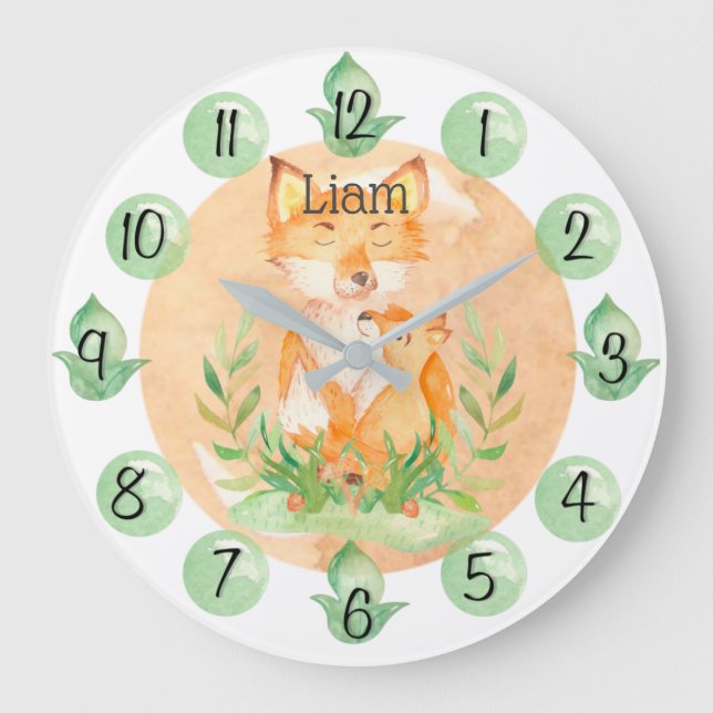 Customisable Leaf Baby Fox Nursery Clock Large (Front)