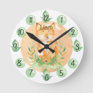 Customisable Leaf Baby Fox Nursery Clock Medium
