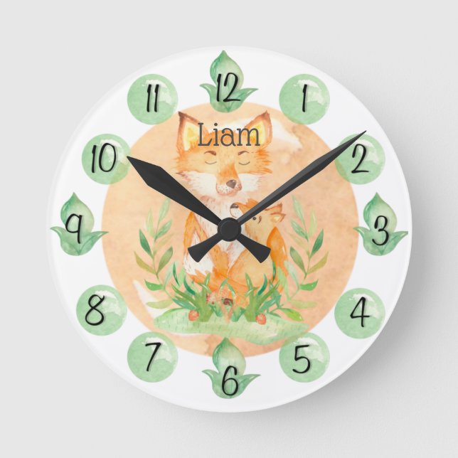 Customisable Leaf Baby Fox Nursery Clock Medium (Front)