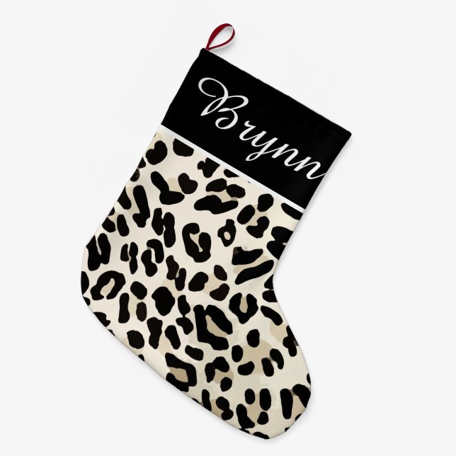 Customisable Leopard Print Holiday Decor Large Christmas Stocking (Front (Hanging))