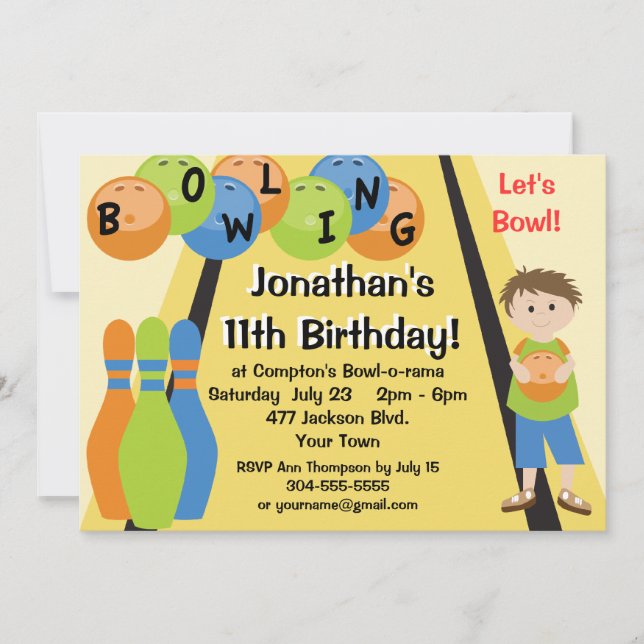 Customisable Let's Go Bowling Birthday Party Invitation (Front)