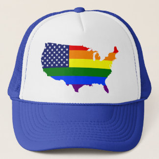 Customisable LGBT Pride America trucker hat. Hat