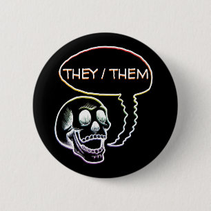 Customisable LGBTQIA+ Rainbow Pride Pronouns Skull 6 Cm Round Badge