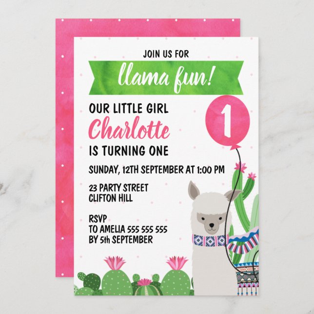 Customisable Llama Balloon Birthday Invitation (Front/Back)