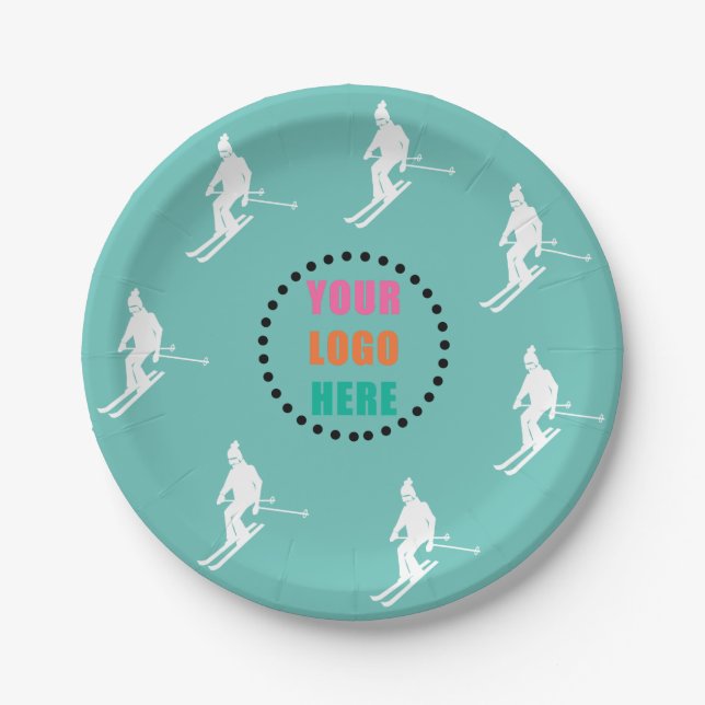 Customisable Logo Photo Skiers Skiing Ski Teal  Paper Plate (Front)
