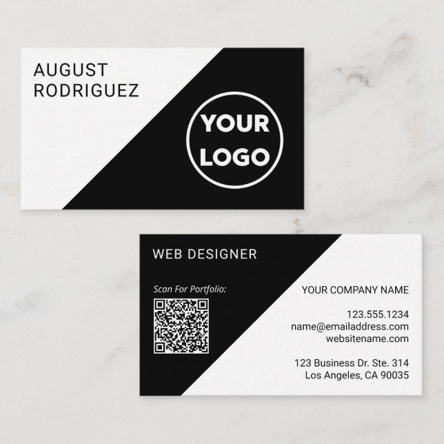 Customisable Logo QR Code Black White Geometric Business Card (Front/Back)