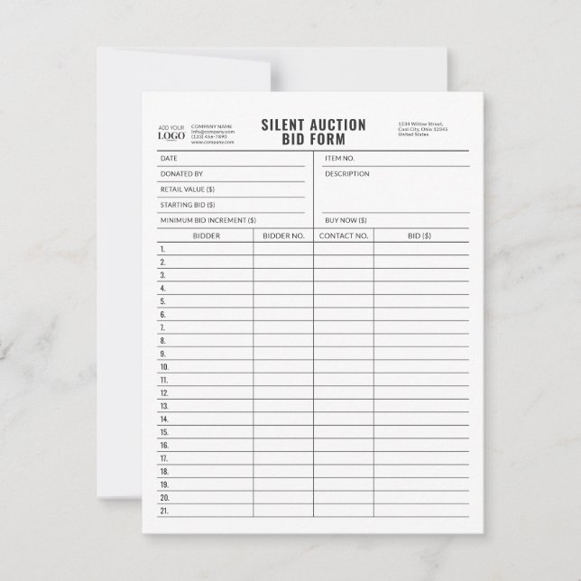 Customisable Logo Silent Auction Bid Form Template (Front)