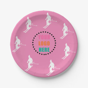 Customisable Logo Skiers Skiing Ski Pink White  Paper Plate