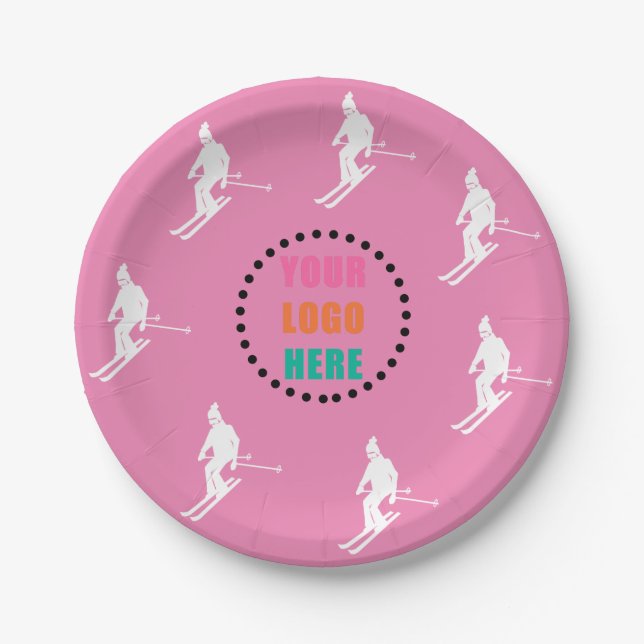 Customisable Logo Skiers Skiing Ski Pink White  Paper Plate (Front)