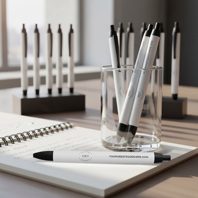 Customisable logo website simple business black ink pen (Customizable business logo and website on white pens.)