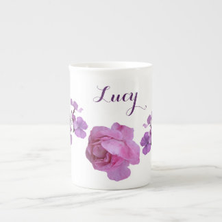Customisable Lucy name pink rose purple floral fun Bone China Mug