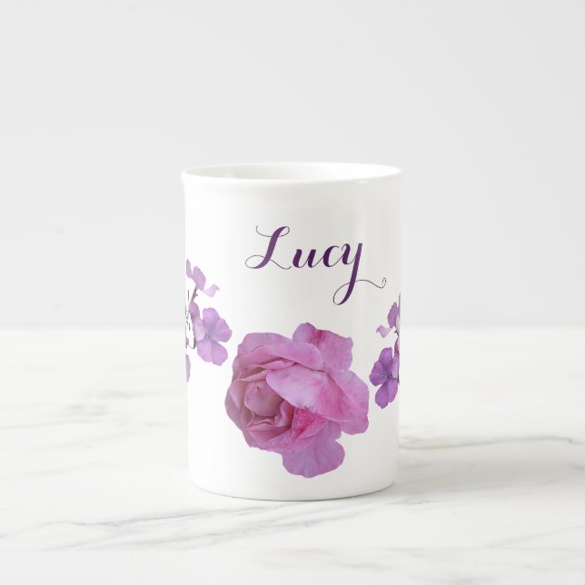 Customisable Lucy name pink rose purple floral fun Bone China Mug (Front)