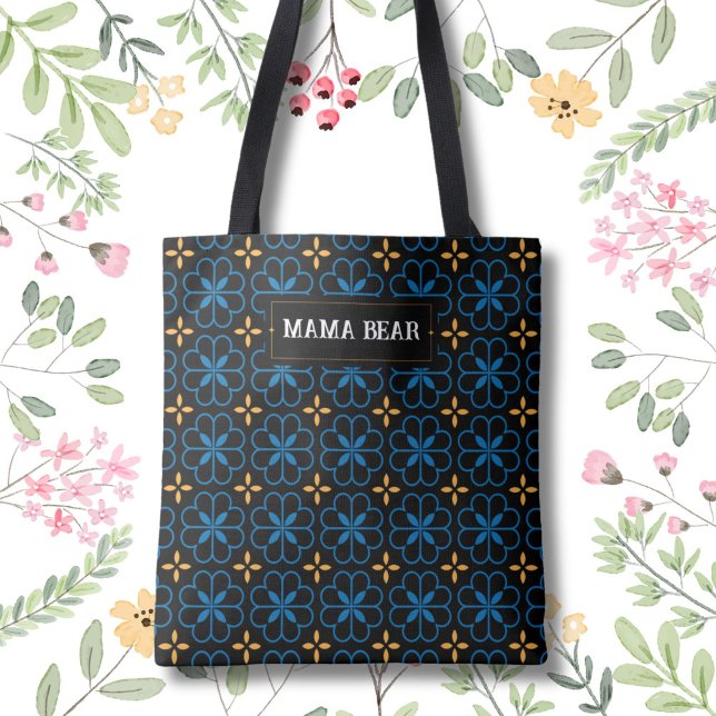 Customisable Mama Bear Elegant Pattern Tote Bag (Custom your name or text on the elegant Mediterranean pattern tote bag.)