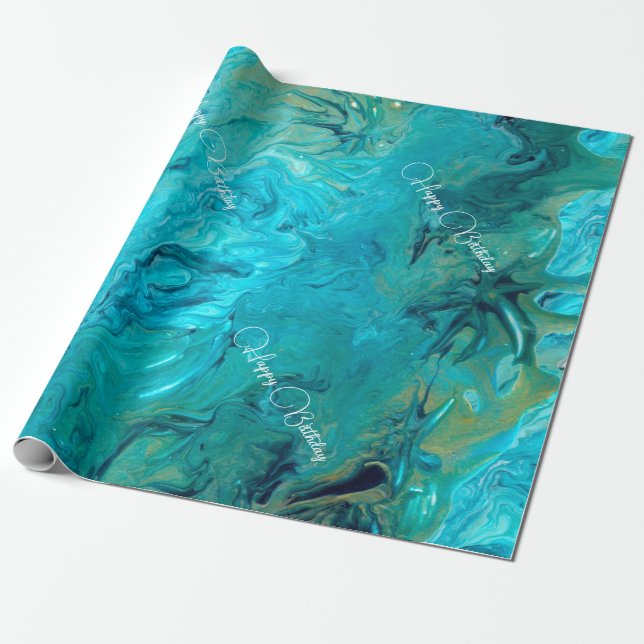 Customisable marble effect texturised emerald blue wrapping paper (Unrolled)