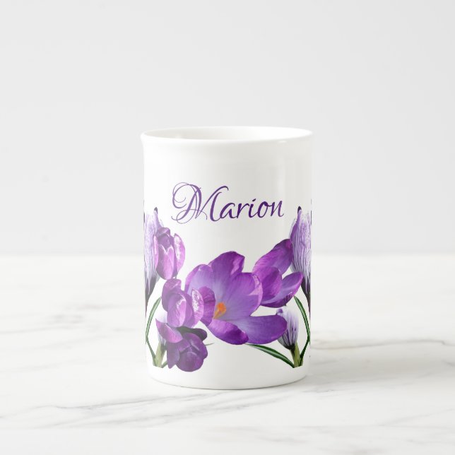 Customisable Marion name purple flower boho trendy Bone China Mug (Front)