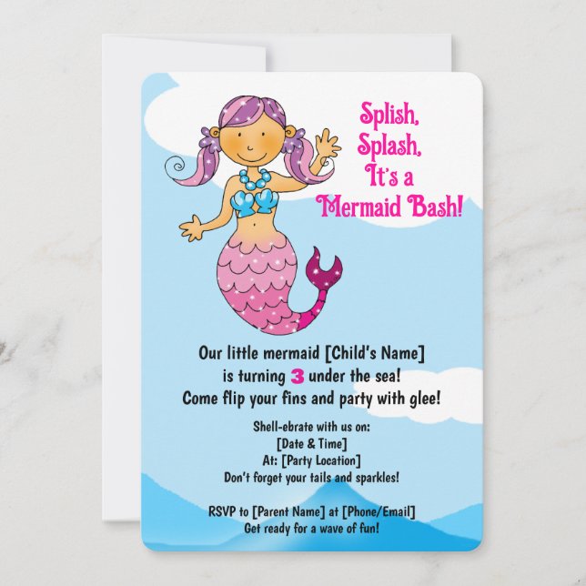 Customisable Mermaid Birthday Design Pink Hair   Invitation (Front)