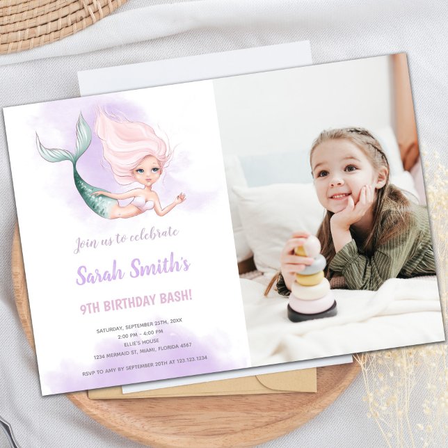 Customisable Mermaid Party Invitations for Kids (Blond Mermaid Birthday Invitations with photo)