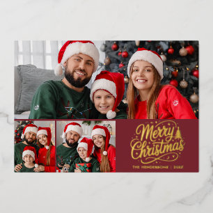 Customisable Merry Christmas Script 3 Family Photo Foil Holiday Card